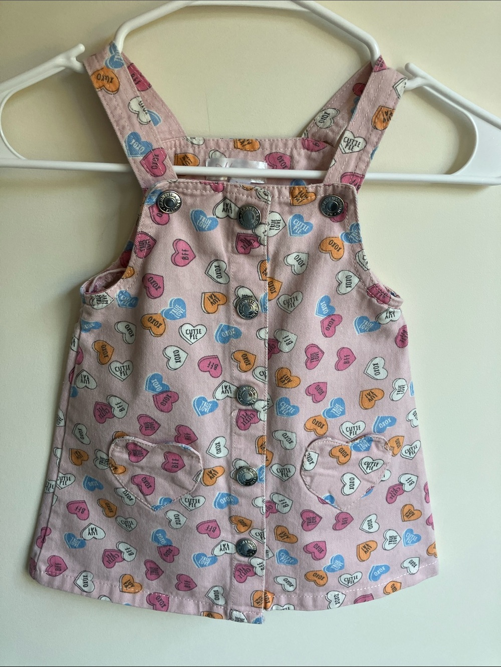 NANETTE Pink Heart-Print Pinafore Dress Adjustable Straps Cotton Girl Size 24 M